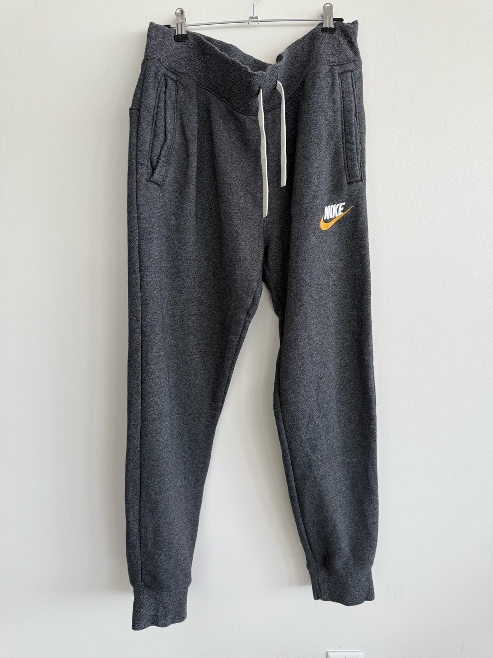 Nike Men Charcoal Gray Sweat Joggers with Gold Swoosh